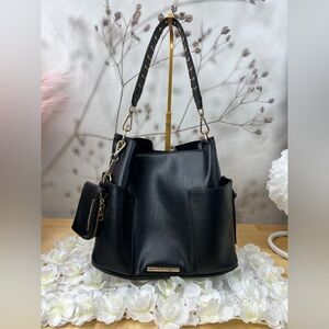 Steve Madden Black Leather Tote Bag with Detachable Pouch